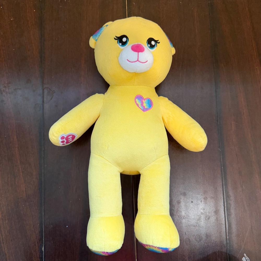 Build-A-Bear Workshop Sunshine Hello Bear Yellow Plush‎ Tie Dye Heart 16 inch
